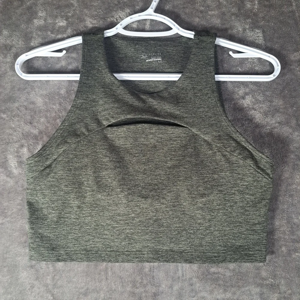 Offline by Aerie The Hugger Recharge Sports Bra Gray Cutout Yoga Top Athleisure